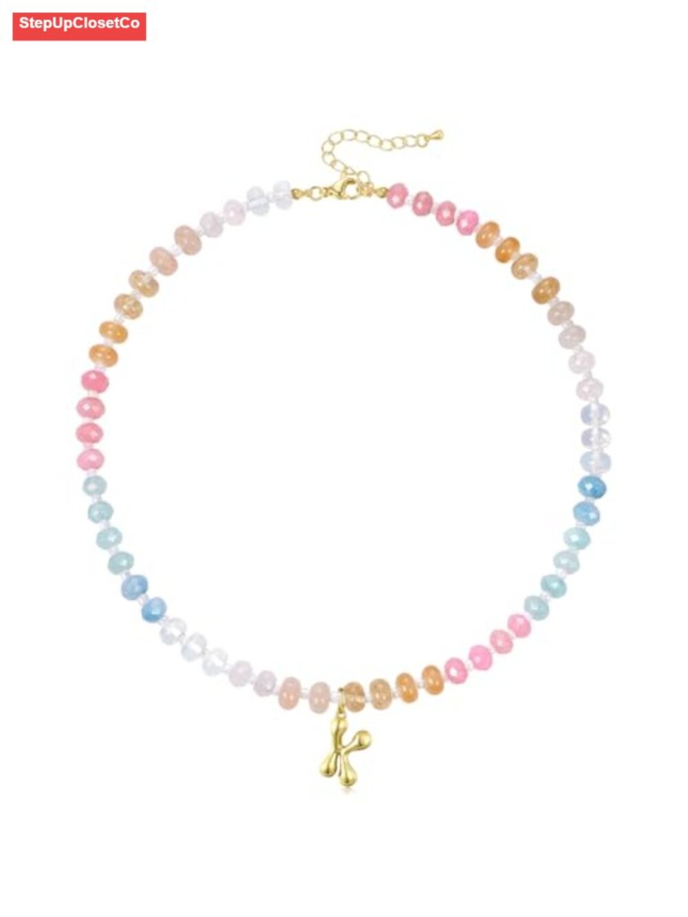 Initial Choker Necklace Natural Stone Beaded Gemstone 14K Gold Pendant